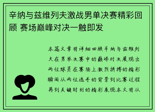 辛纳与兹维列夫激战男单决赛精彩回顾 赛场巅峰对决一触即发 辛纳与兹维列夫激战男单决赛精彩回顾 赛场巅峰对决一触即发