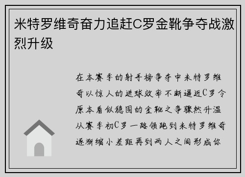 米特罗维奇奋力追赶C罗金靴争夺战激烈升级