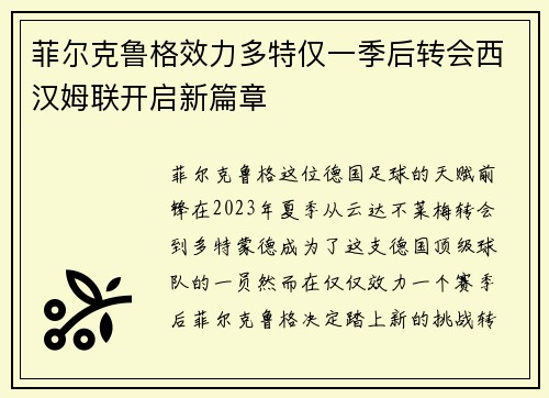 菲尔克鲁格效力多特仅一季后转会西汉姆联开启新篇章
